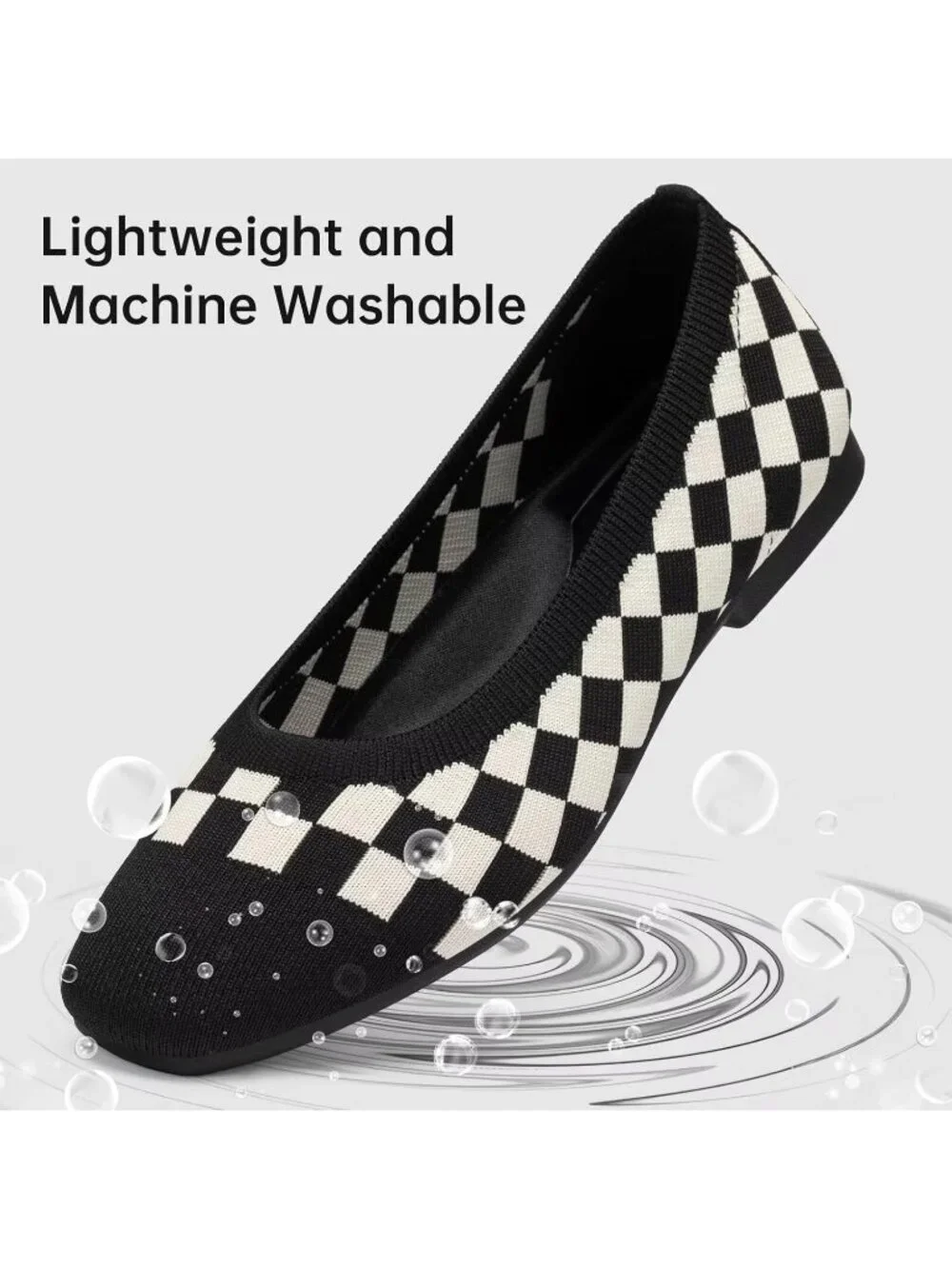 Women's Black Comfortable Slip on Washable Square Toe Ballet Flat Shoes for Work